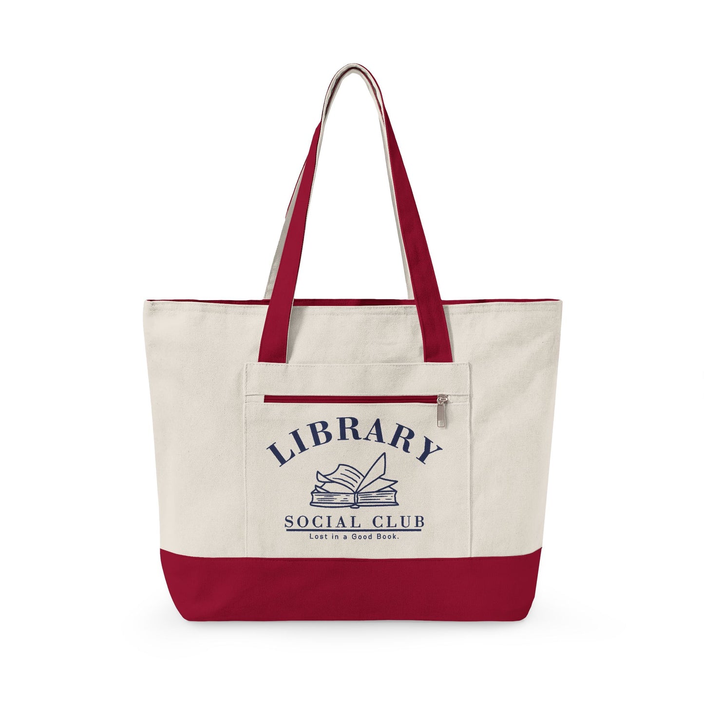 Lost in a Good Book, Library Social Club Canvas Tote Bag, Zippered Book Lover Gift for Readers, Librarians, Teachers, Personalize it!