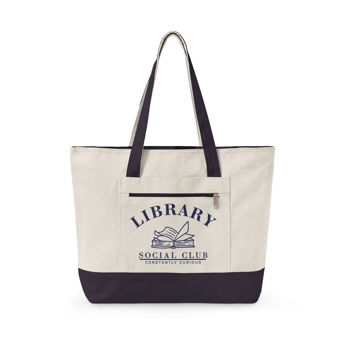 Constantly Curious, Library Social Club Canvas Tote Bag, Zippered Book Lover Gift for Readers, Librarians, Teachers, Personalize it!