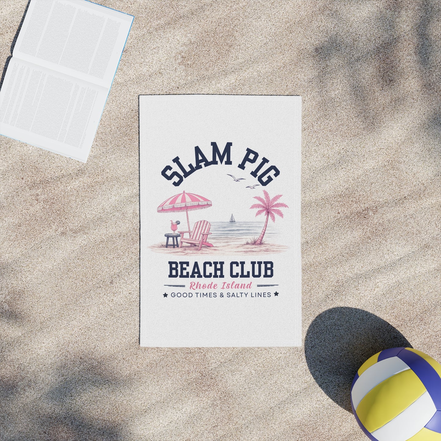 Slam Pig Beach Towel, Rhode Island Beach Club Towel, Coastal Pool Towel, Pink Navy Beach Towel, Summer Vacation Gift, RHORI