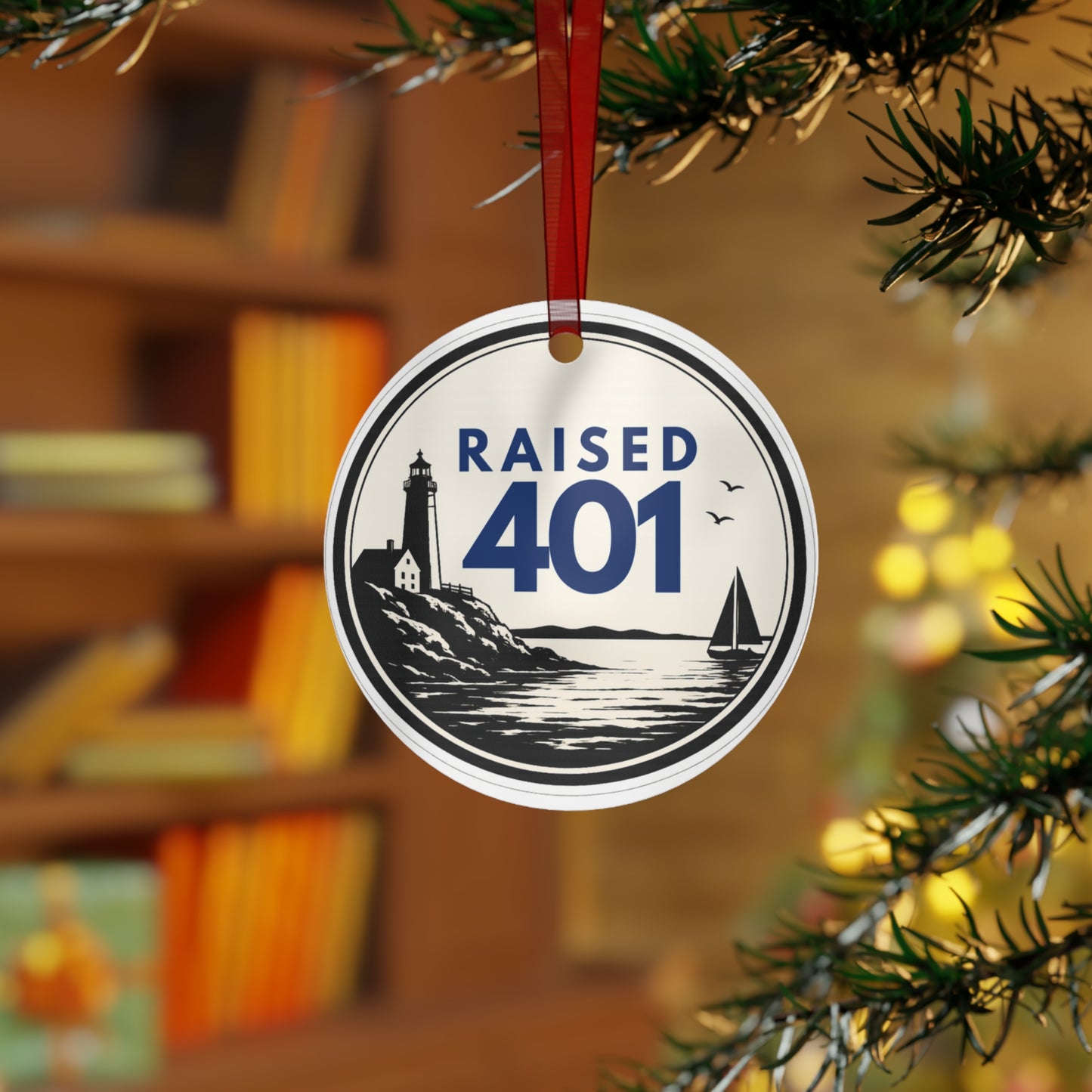 Raised 401 Lighthouse Sailboat Metal Ornament | Rhode Island Coastal Keepsake