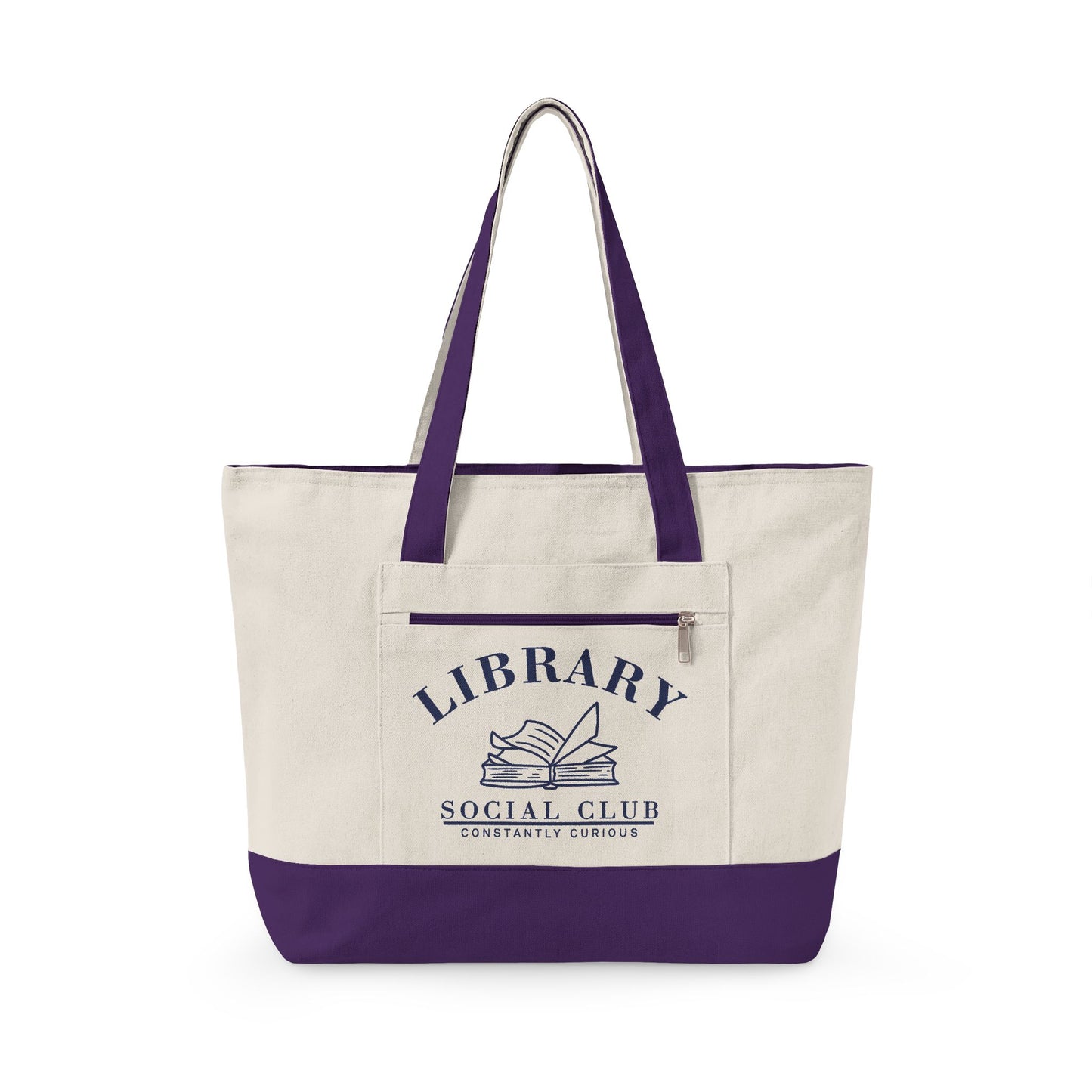 Constantly Curious, Library Social Club Canvas Tote Bag, Zippered Book Lover Gift for Readers, Librarians, Teachers, Personalize it!