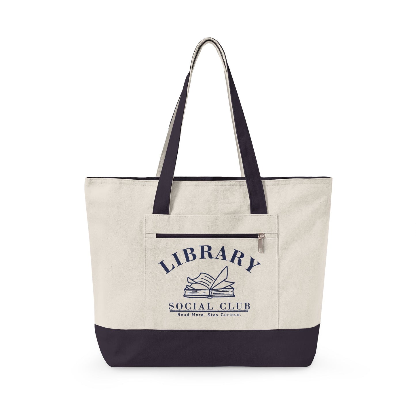 Read More Stay Curious, Library Social Club Canvas Tote Bag, Zippered Book Lover Gift for Readers, Librarians, Teachers