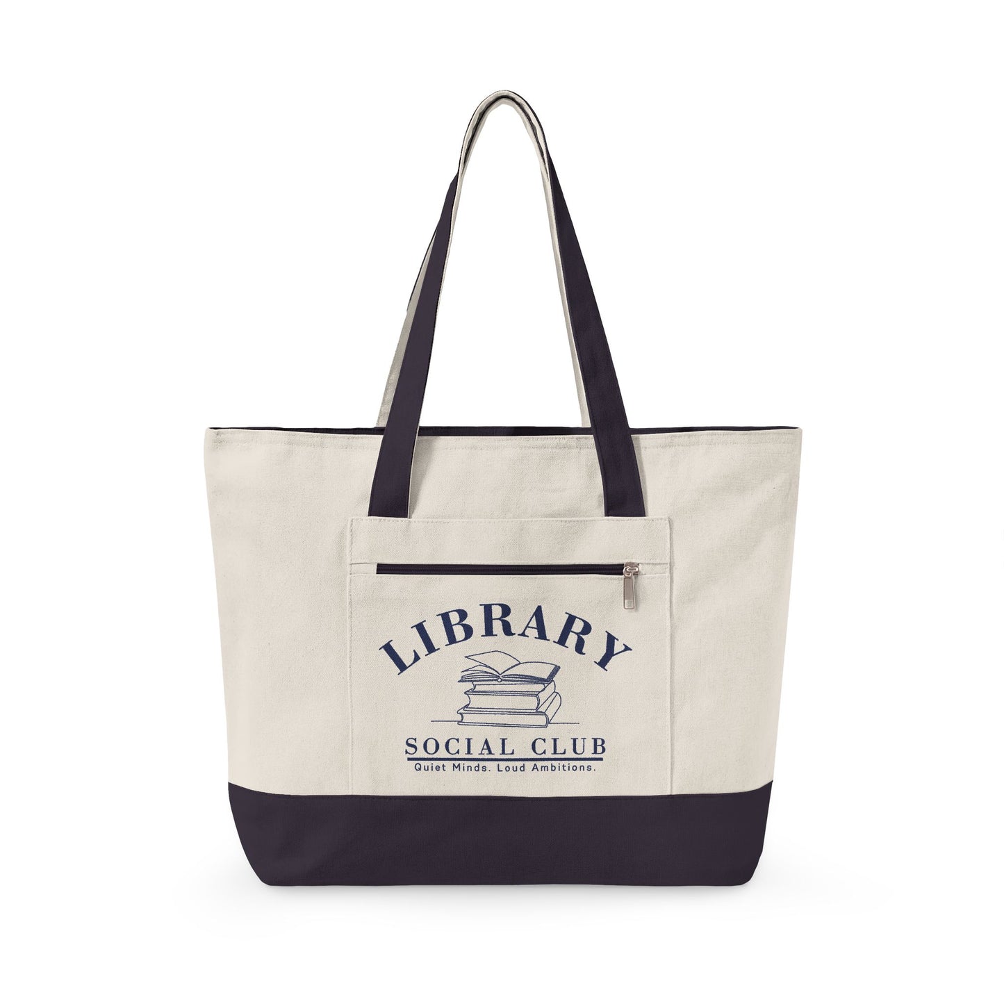 Quiet Minds Loud Ambitions, Library Social Club Canvas Tote Bag, Zippered Book Lover Gift for Readers, Librarians, Teachers, Personalize it!