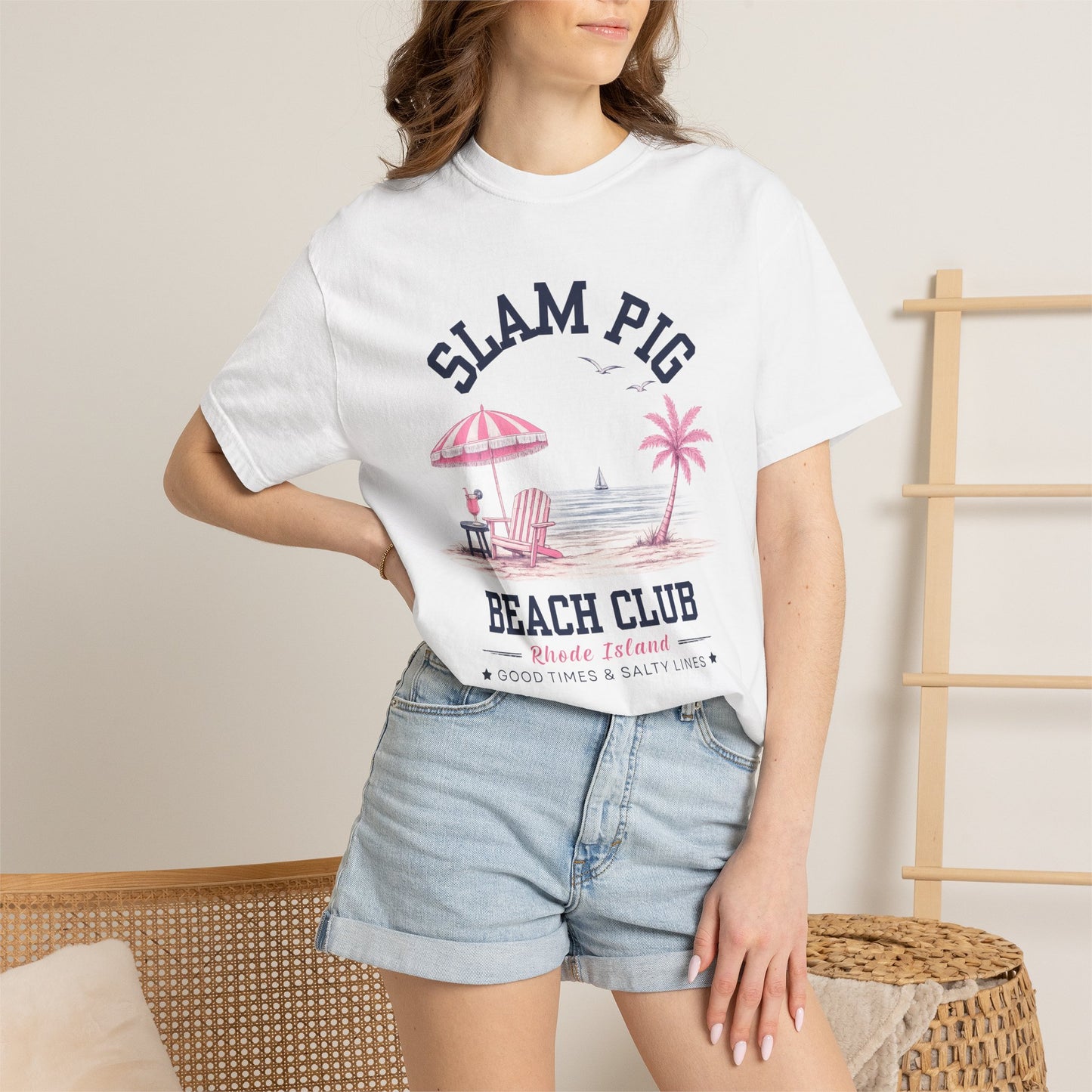 Slam Pig Beach Club Shirt, Rhode Island Beach Tee, Coastal Summer Shirt, Comfort Colors Chambray Graphic Tee, Nautical Gift, RHORI