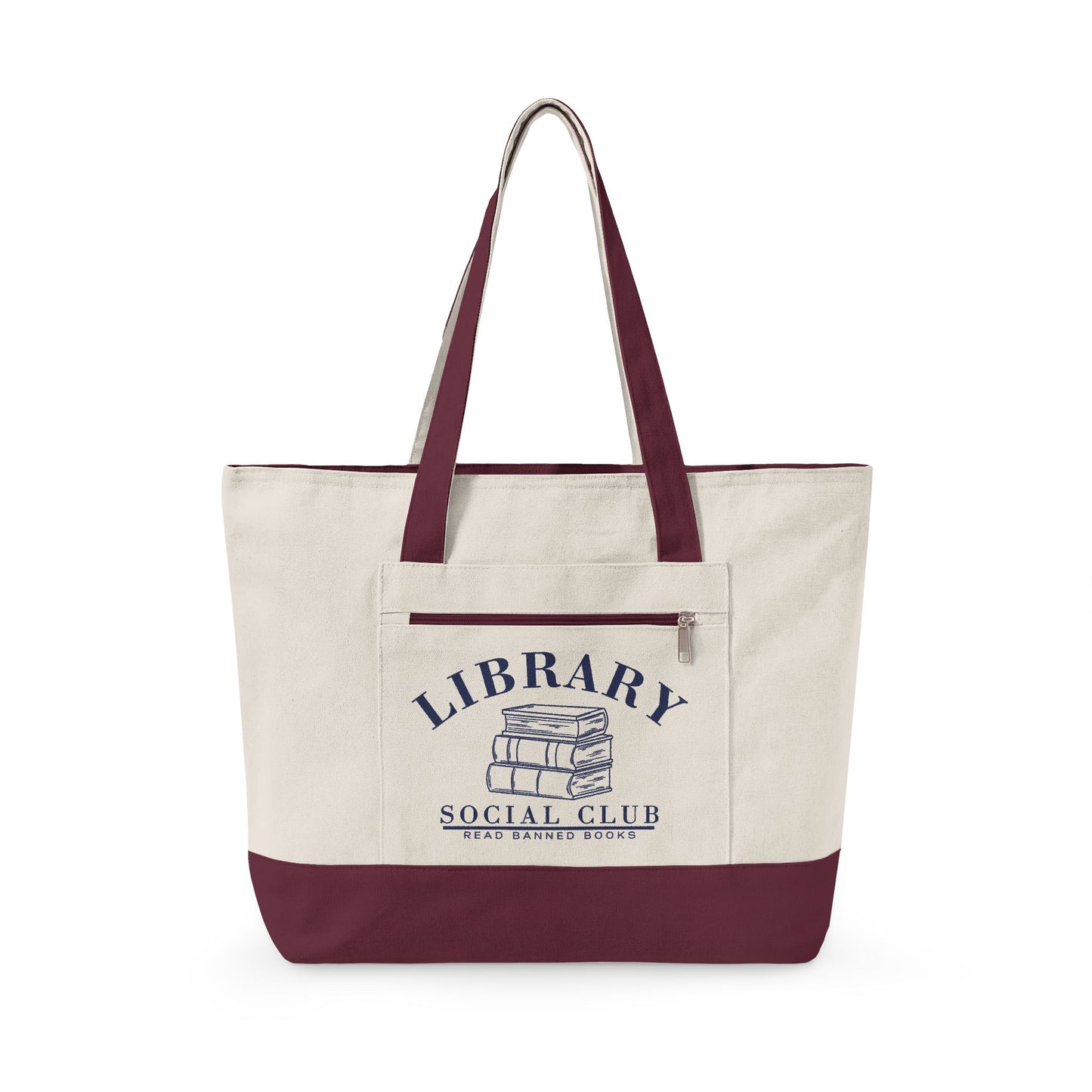 Read Banned Books, Library Social Club Canvas Tote Bag, Zippered Book Lover Gift for Readers, Librarians, Teachers, Personalize it!