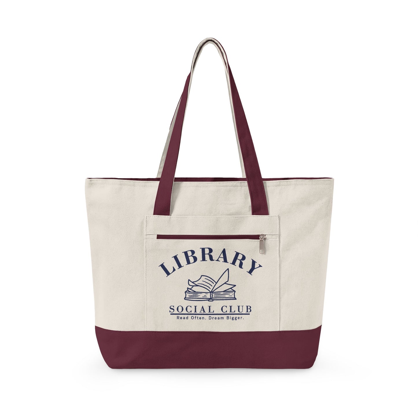 Read Often Dream Bigger, Library Social Club Canvas Tote Bag, Zippered Book Lover Gift for Readers, Librarians, Teachers