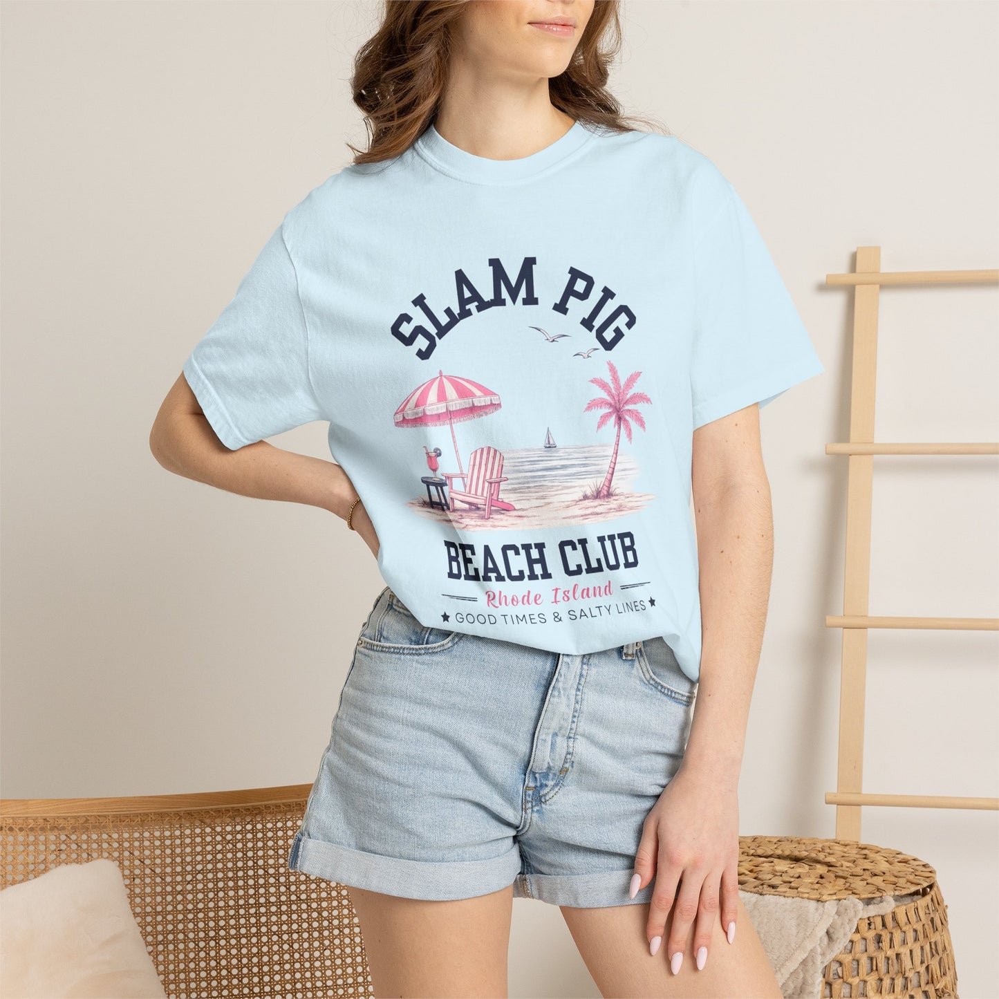 Slam Pig Beach Club Shirt, Rhode Island Beach Tee, Coastal Summer Shirt, Comfort Colors Chambray Graphic Tee, Nautical Gift, RHORI