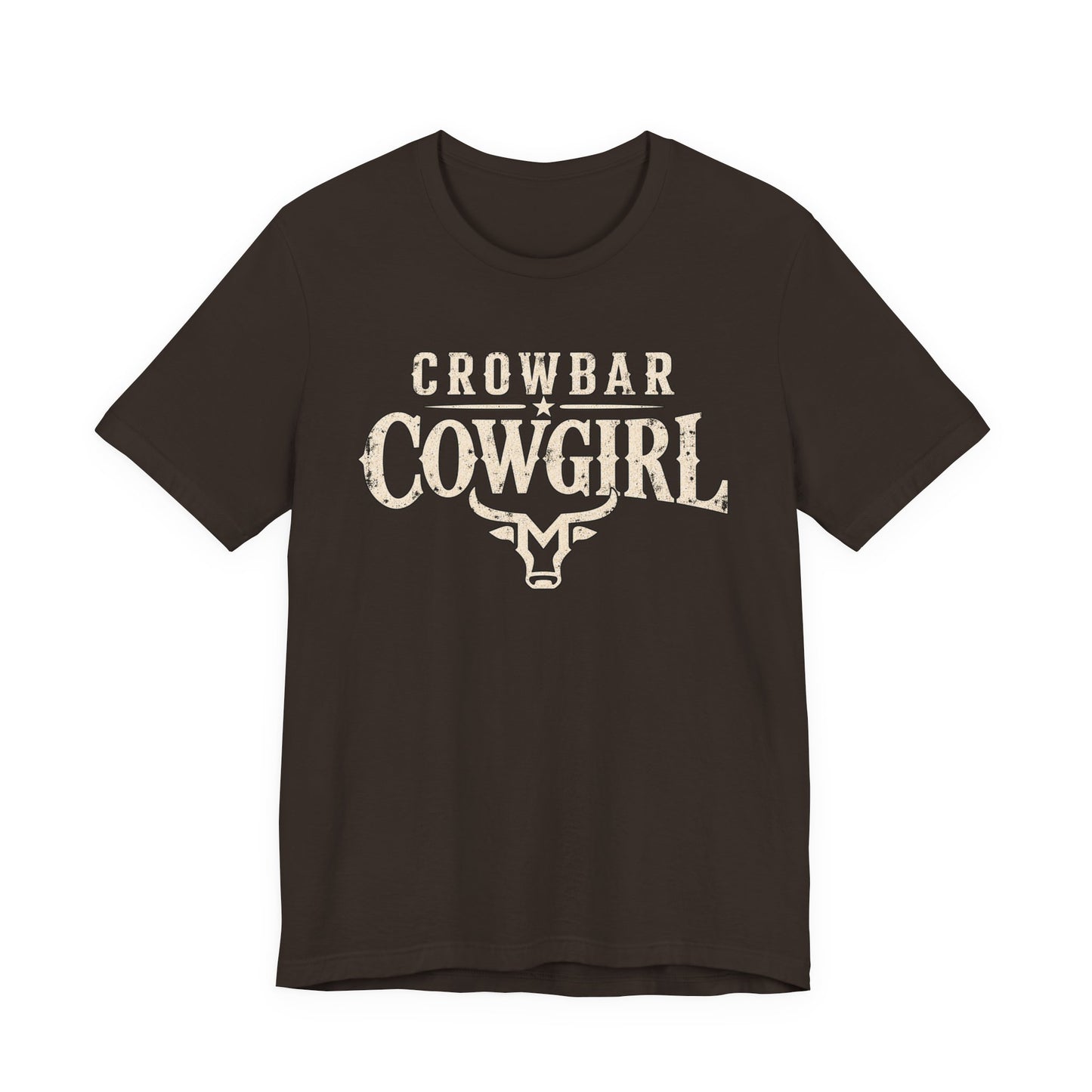 Brown t-shirt with white graphic design on a white background