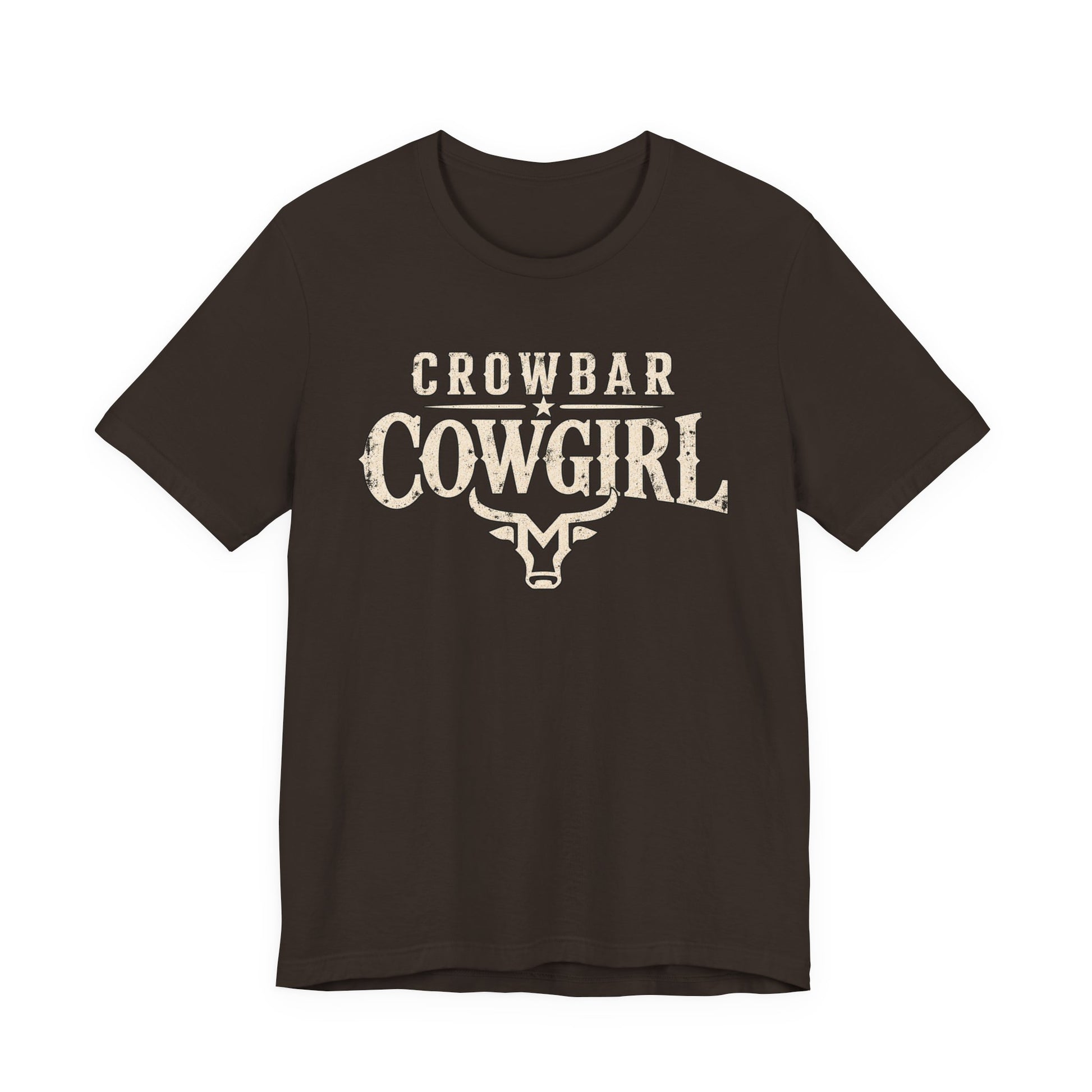 Brown t-shirt with white graphic design on a white background