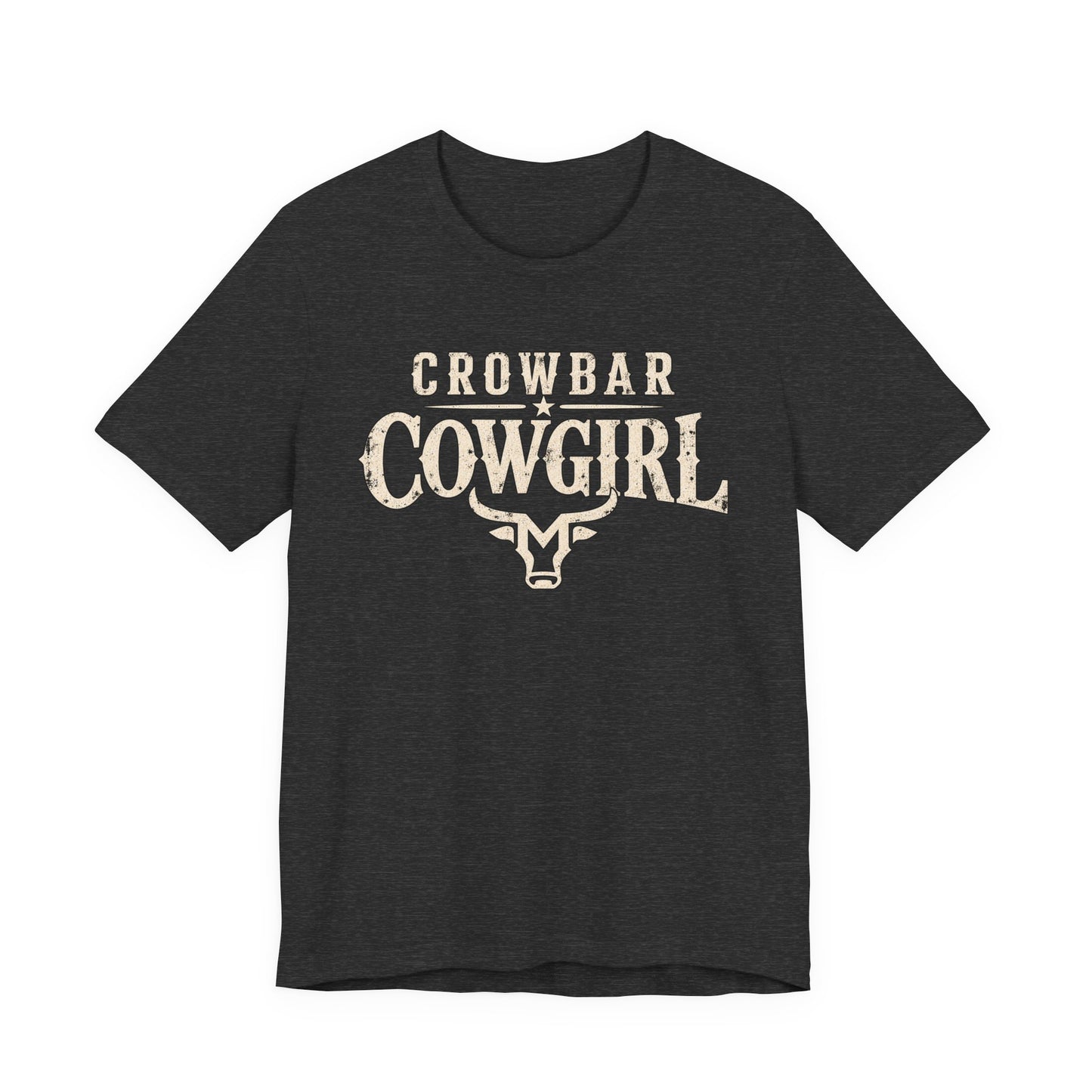 Dark heathered gray t-shirt with white graphic design on a white background