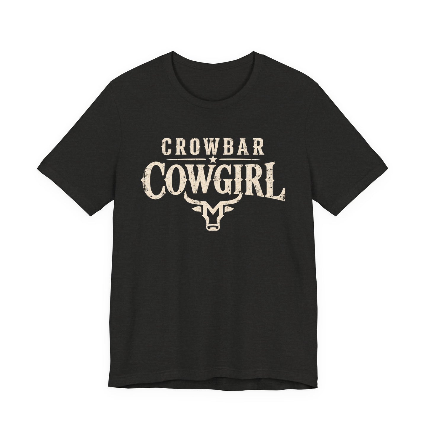 Dark gray t-shirt with white and gold graphic design on a white background