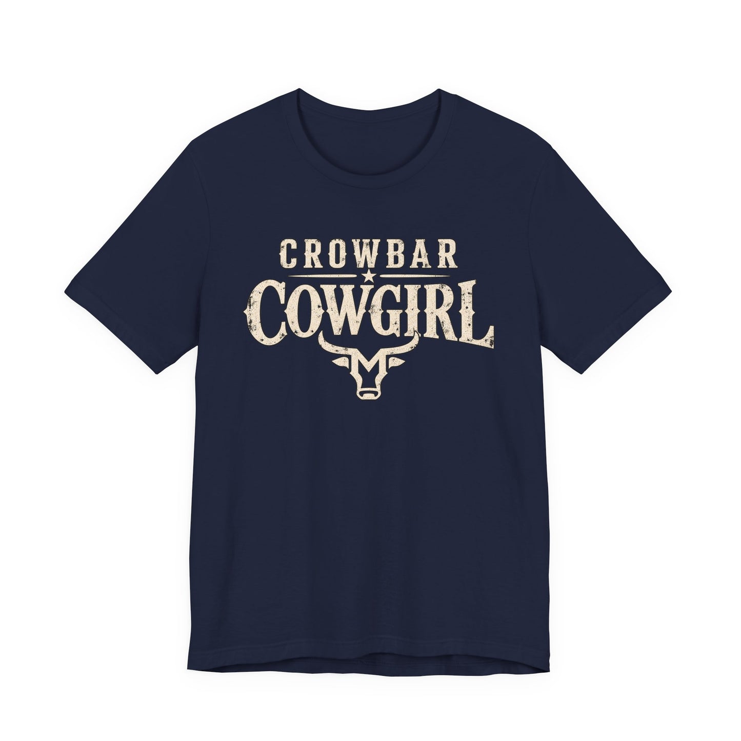 Navy t-shirt with white graphic design on a white background