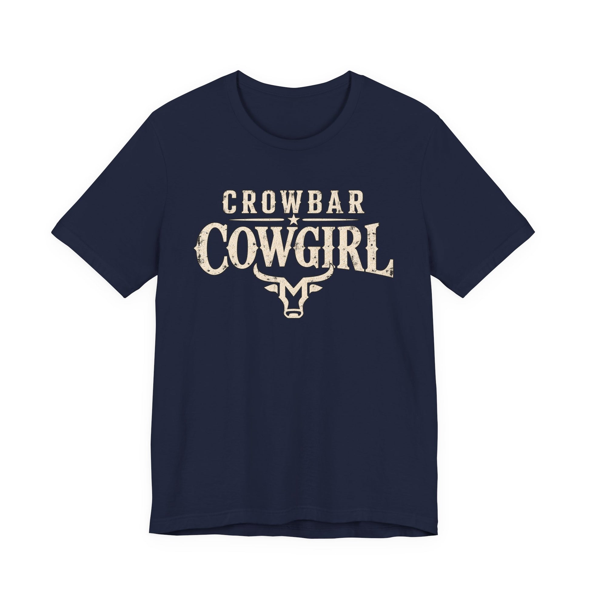 Navy t-shirt with white graphic design on a white background