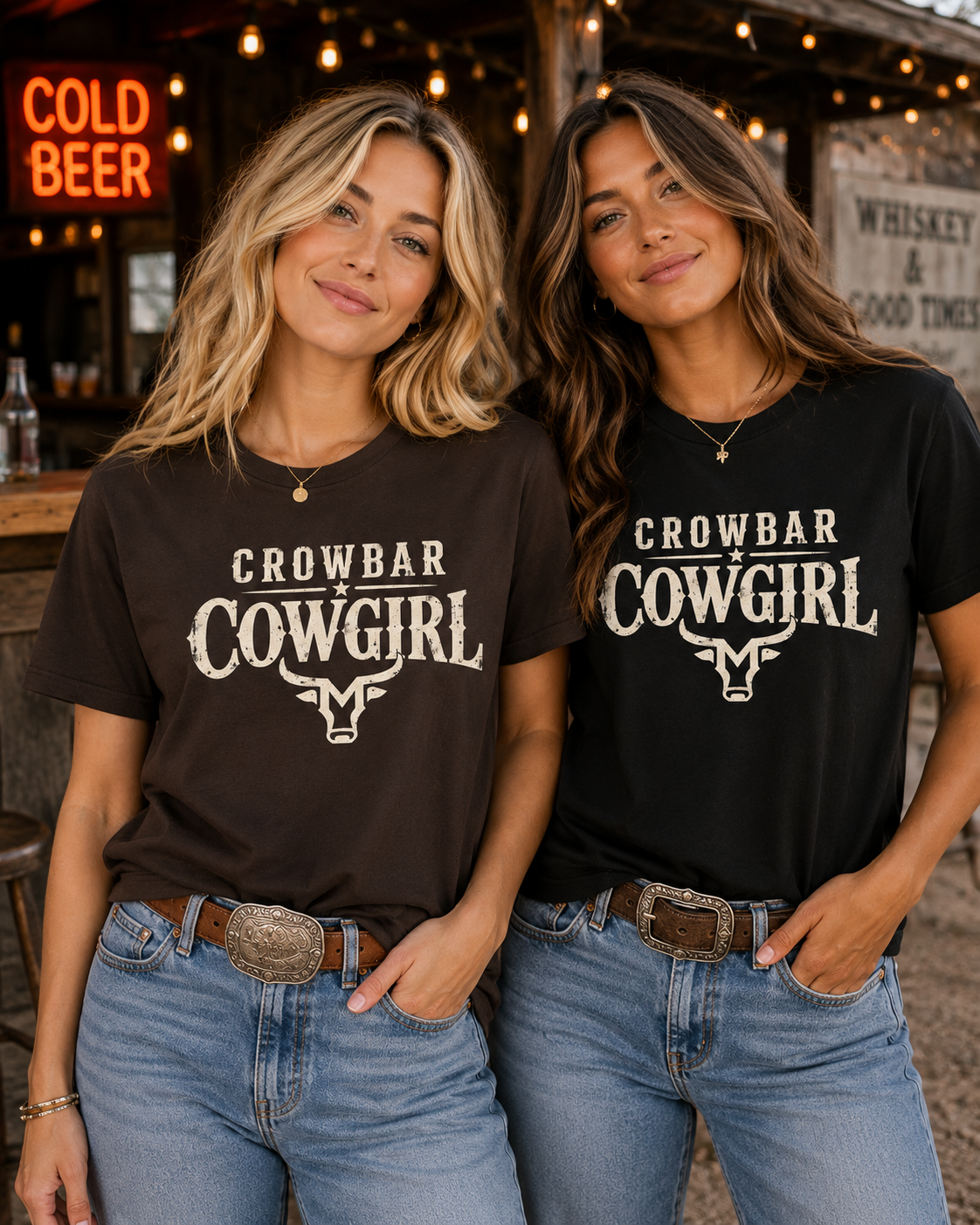 Two women standing side by side in a rustic bar setting, wearing matching graphic t-shirts. The woman on the left wears a dark brown t-shirt with 'CROWBAR COWGRILL' in distressed white lettering, and the woman on the right wears a black t-shirt with 'CROWBAR COWGLAD' in distressed white lettering.