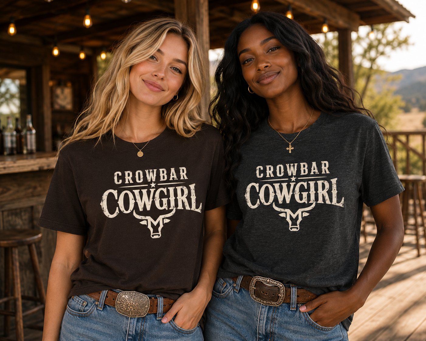 Two women standing side-by-side wearing matching dark brown and dark gray graphic t-shirts with 'CROWBAR COWGIRL' and a steer graphic printed in distressed white text. The woman on the left wears a dark brown shirt, and the woman on the right wears a dark gray heathered shirt.